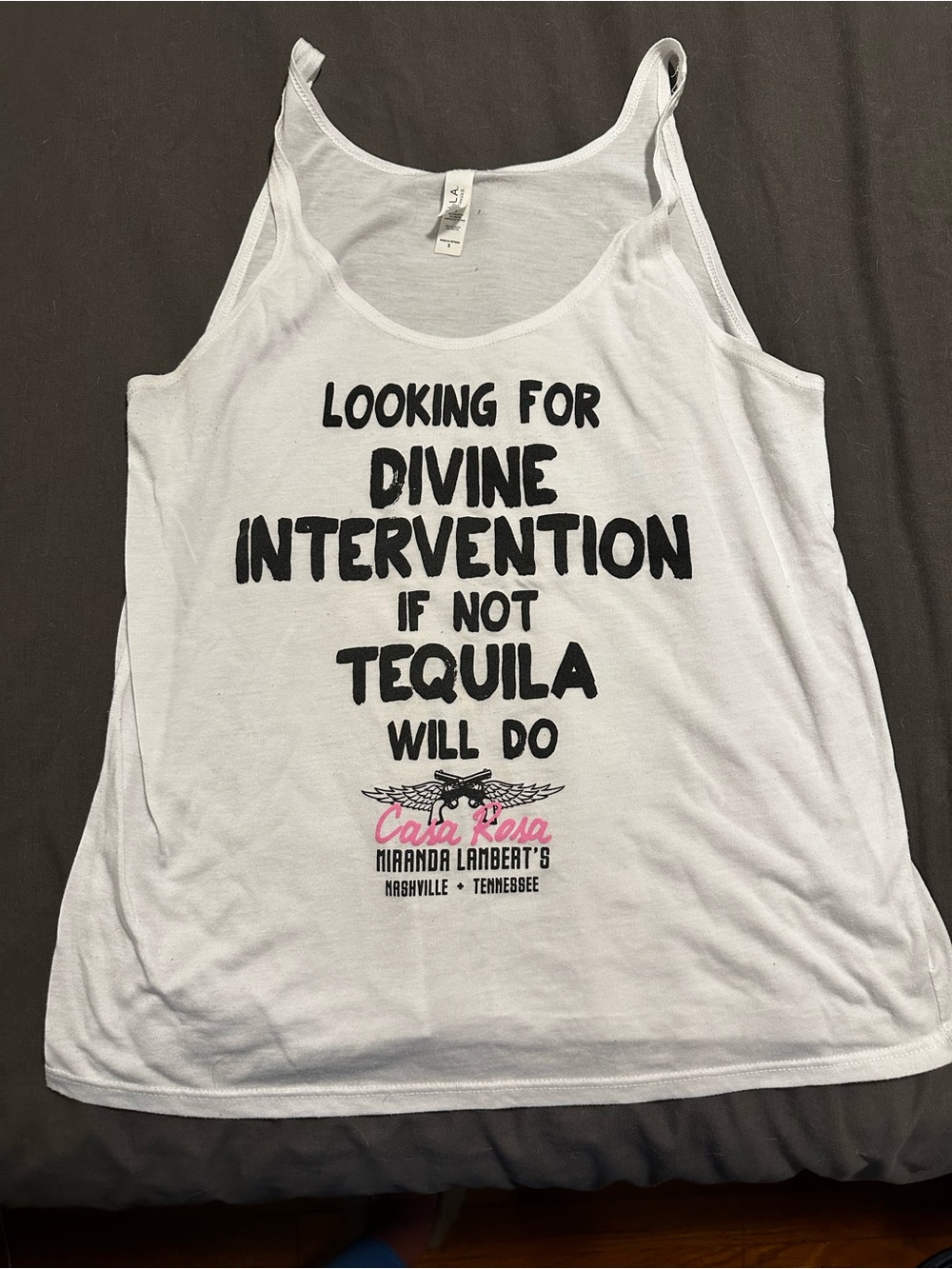 Bella Canvas White Graphic Tank with Black Text and Pink Accent
